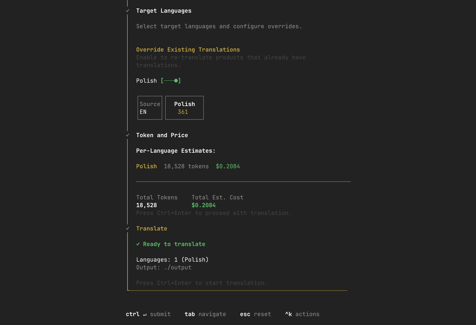 WooTUI Application Demo - Terminal interface showing translation workflow